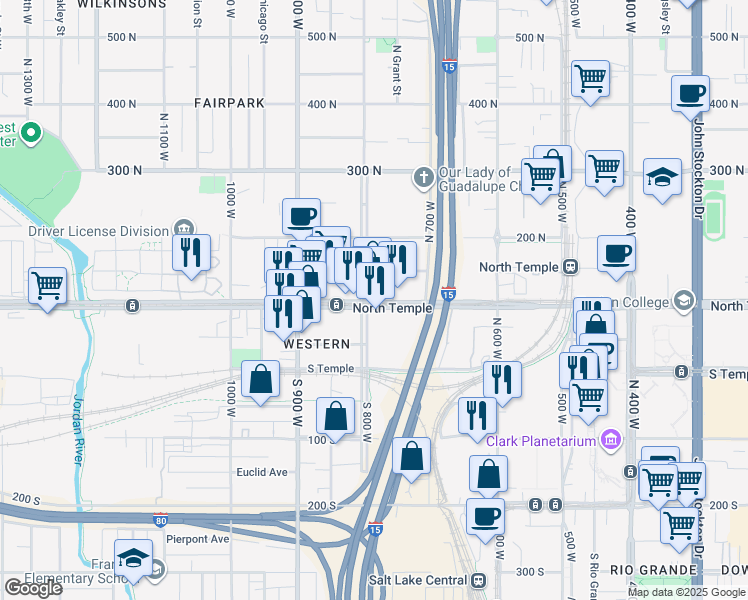 map of restaurants, bars, coffee shops, grocery stores, and more near 776 North Temple Street in Salt Lake City