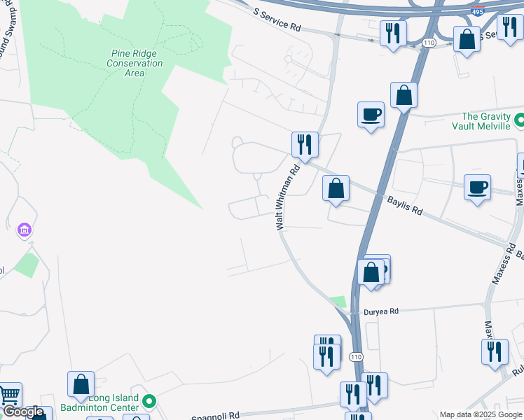 map of restaurants, bars, coffee shops, grocery stores, and more near 64 Villas Circle in Melville