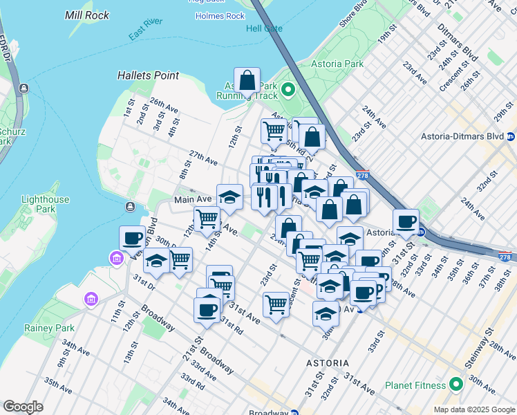 map of restaurants, bars, coffee shops, grocery stores, and more near 24-43 28th Street in Queens