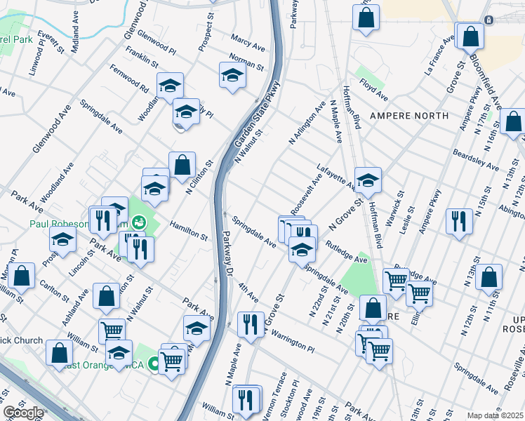 map of restaurants, bars, coffee shops, grocery stores, and more near 287 Rutledge Avenue in East Orange