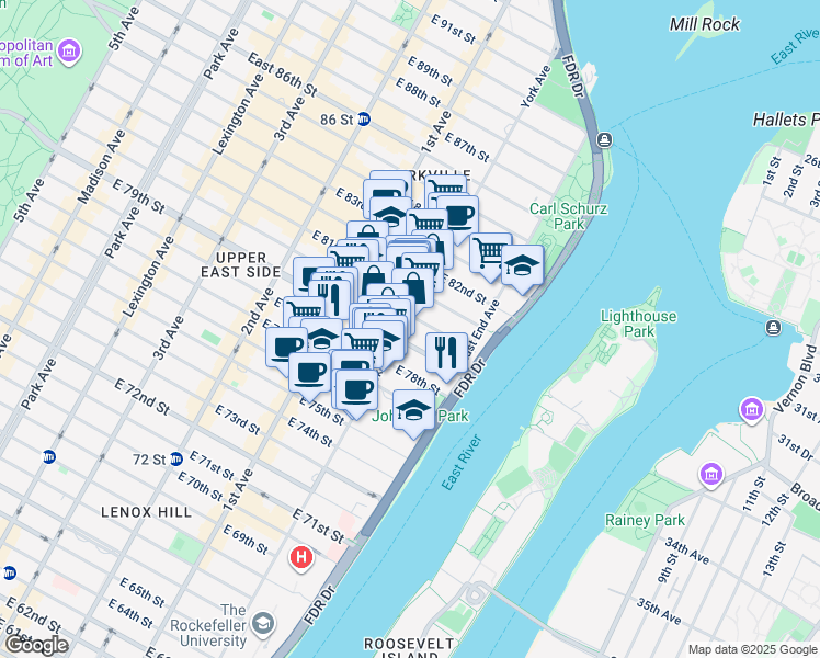 map of restaurants, bars, coffee shops, grocery stores, and more near 1498 York Avenue in New York