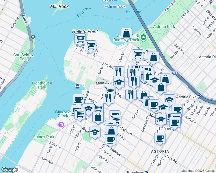 map of restaurants, bars, coffee shops, grocery stores, and more near in Queens