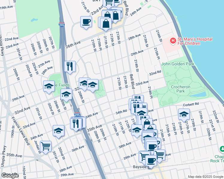 map of restaurants, bars, coffee shops, grocery stores, and more near 210-25 33rd Avenue in Queens