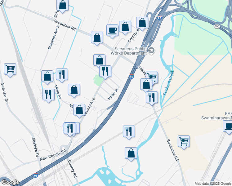 map of restaurants, bars, coffee shops, grocery stores, and more near 115 Moller Street in Secaucus