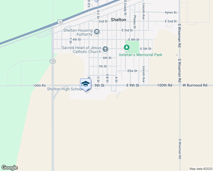 map of restaurants, bars, coffee shops, grocery stores, and more near 210 9th Street in Shelton