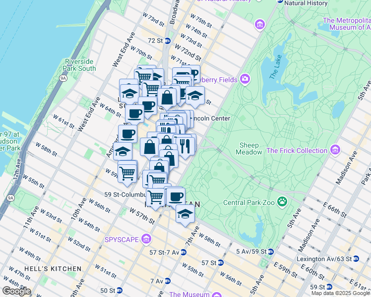 map of restaurants, bars, coffee shops, grocery stores, and more near 141 West 64th Street in New York