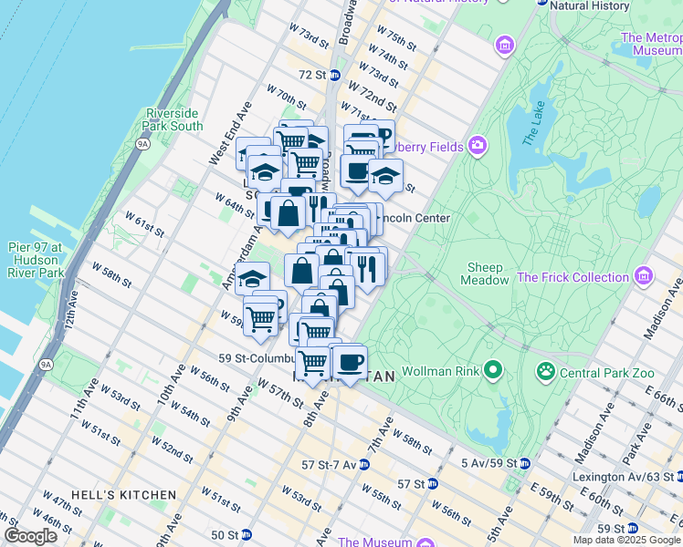 map of restaurants, bars, coffee shops, grocery stores, and more near 20 West 64th Street in New York