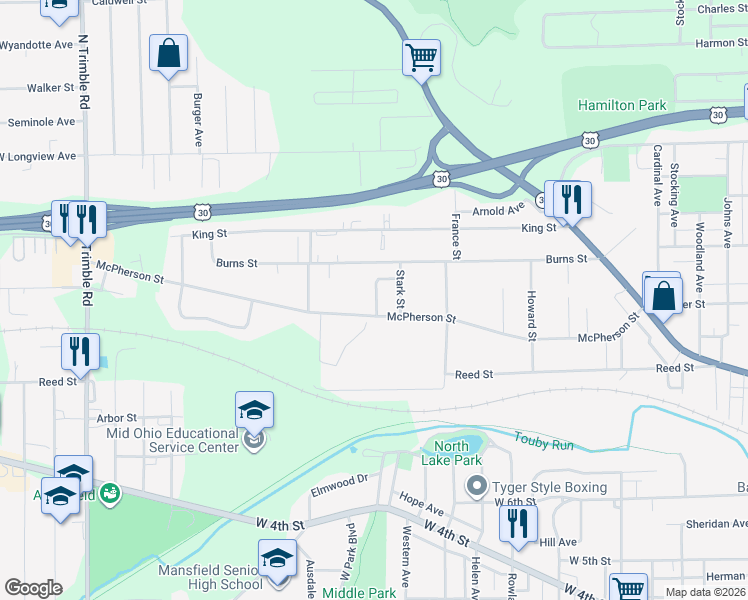 map of restaurants, bars, coffee shops, grocery stores, and more near 688 McPherson Street in Mansfield