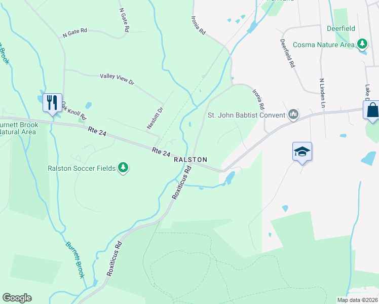 map of restaurants, bars, coffee shops, grocery stores, and more near 7 Roxiticus Road in Mendham