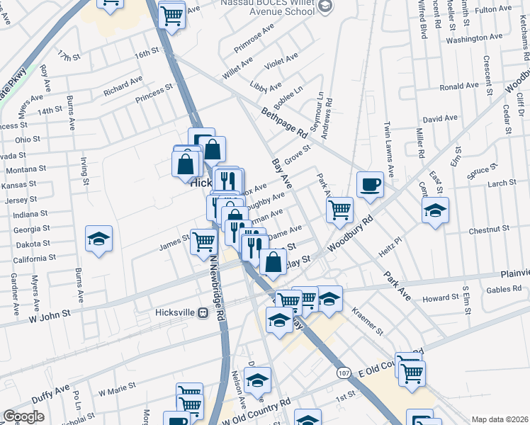 map of restaurants, bars, coffee shops, grocery stores, and more near 50 Thorman Avenue in Hicksville