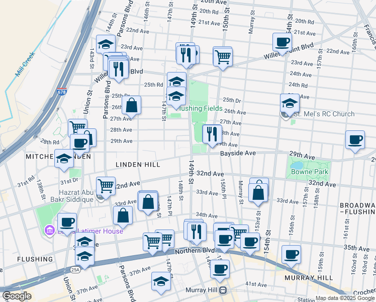 map of restaurants, bars, coffee shops, grocery stores, and more near 148-25 Bayside Avenue in Queens