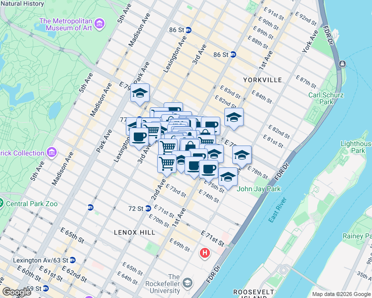 map of restaurants, bars, coffee shops, grocery stores, and more near 300 East 77th Street in New York
