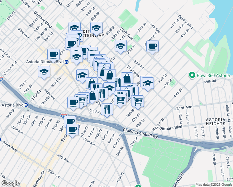 map of restaurants, bars, coffee shops, grocery stores, and more near 22-10 42nd Street in Queens
