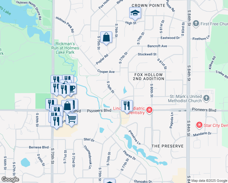 map of restaurants, bars, coffee shops, grocery stores, and more near 7601 Silver Circle in Lincoln