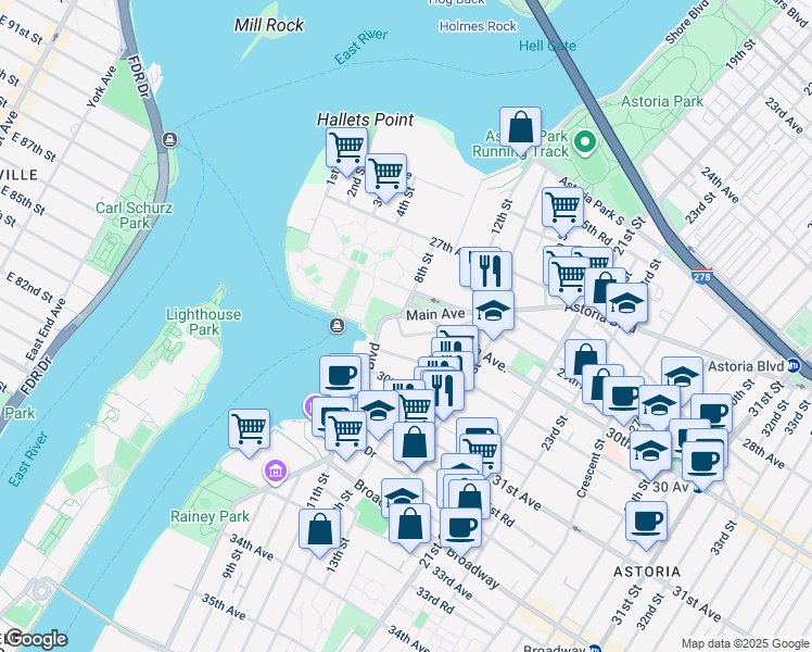 map of restaurants, bars, coffee shops, grocery stores, and more near 11-07 Welling Court in Queens