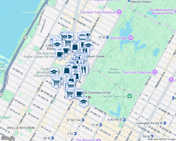 map of restaurants, bars, coffee shops, grocery stores, and more near 50 Central Park West in New York