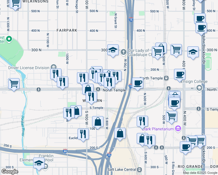 map of restaurants, bars, coffee shops, grocery stores, and more near 770 West North Temple in Salt Lake City