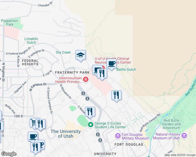 map of restaurants, bars, coffee shops, grocery stores, and more near 50 Medical Drive North in Salt Lake City