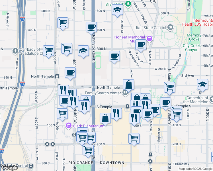 map of restaurants, bars, coffee shops, grocery stores, and more near 201 North Temple in Salt Lake City