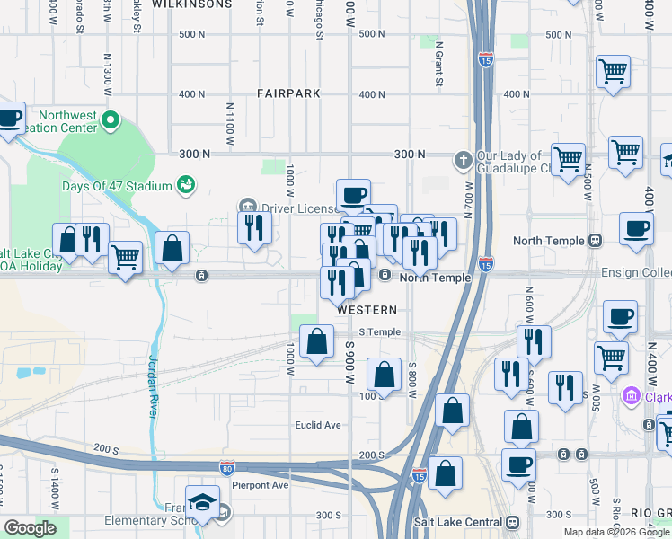 map of restaurants, bars, coffee shops, grocery stores, and more near 937 West North Temple in Salt Lake City
