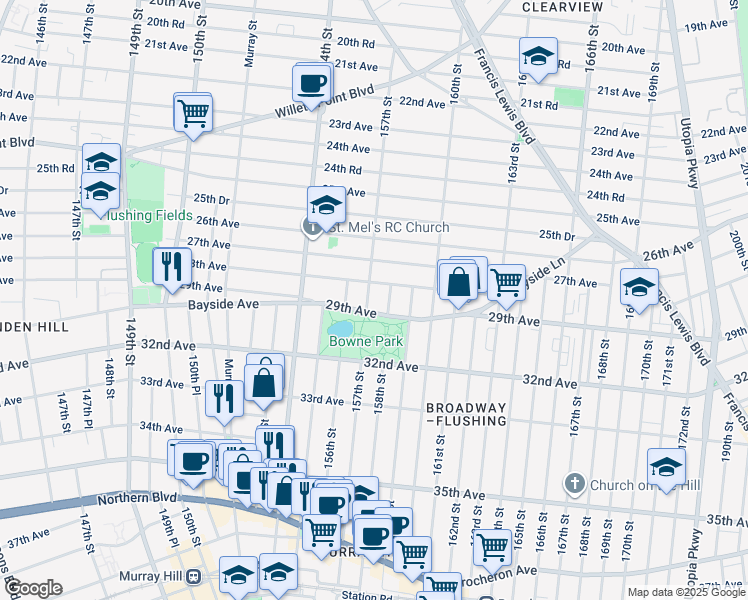 map of restaurants, bars, coffee shops, grocery stores, and more near 156-13 29th Avenue in Queens