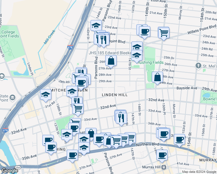 map of restaurants, bars, coffee shops, grocery stores, and more near in Queens