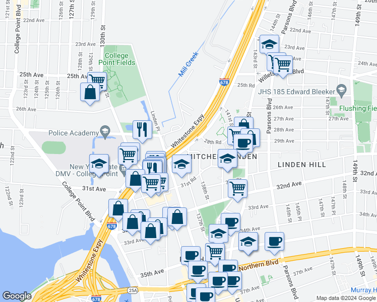map of restaurants, bars, coffee shops, grocery stores, and more near 29-09 137th Street in Queens