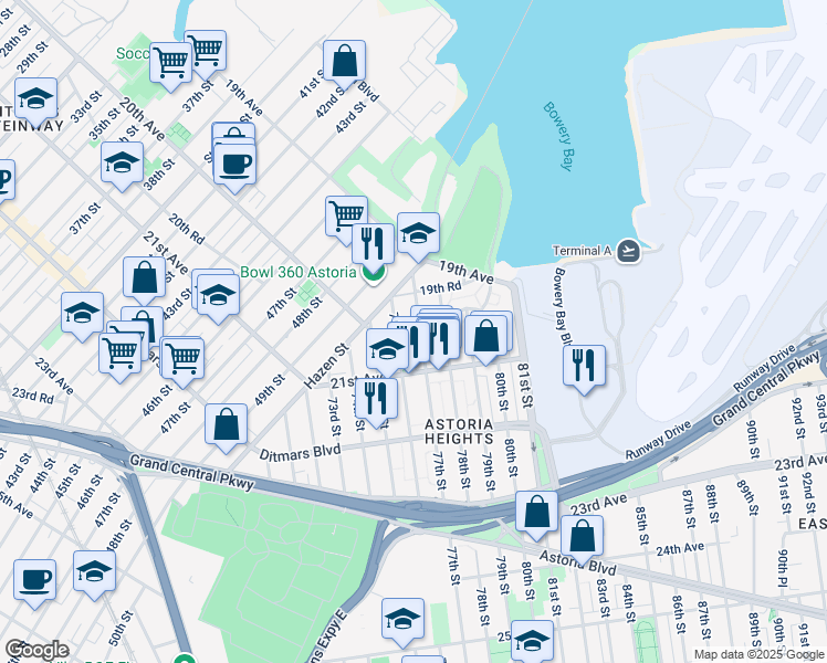 map of restaurants, bars, coffee shops, grocery stores, and more near 19-72 77th Street in Queens