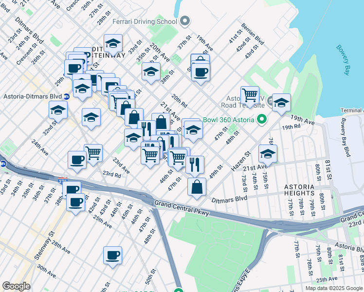 map of restaurants, bars, coffee shops, grocery stores, and more near 21-49 45th Street in Queens
