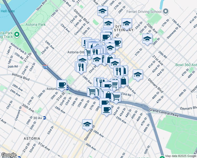 map of restaurants, bars, coffee shops, grocery stores, and more near 23-67 35th Street in Queens