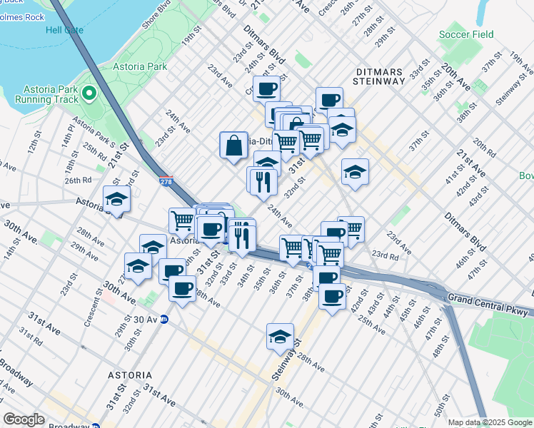 map of restaurants, bars, coffee shops, grocery stores, and more near 24-20 32nd Street in Queens