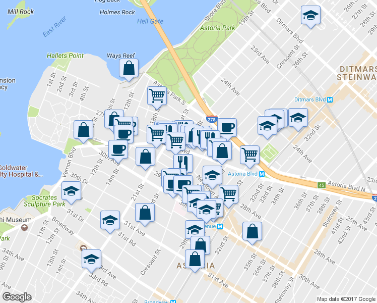 map of restaurants, bars, coffee shops, grocery stores, and more near 23-15 Newtown Avenue in Queens