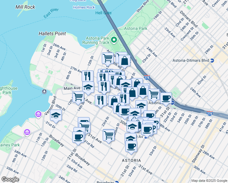 map of restaurants, bars, coffee shops, grocery stores, and more near in Queens
