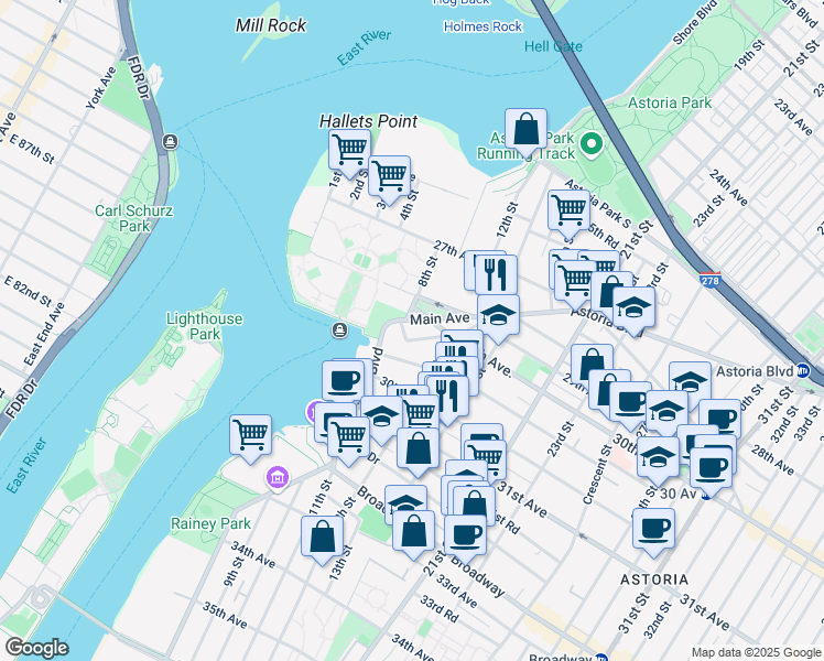 map of restaurants, bars, coffee shops, grocery stores, and more near 11-22 Welling Court in Queens