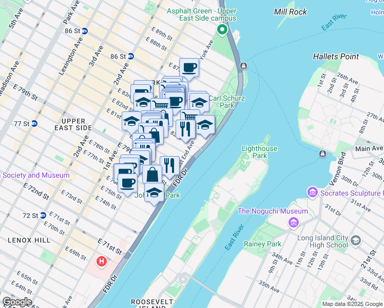 map of restaurants, bars, coffee shops, grocery stores, and more near 33 East End Avenue in New York
