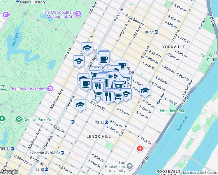 map of restaurants, bars, coffee shops, grocery stores, and more near 1309 3rd Avenue in New York