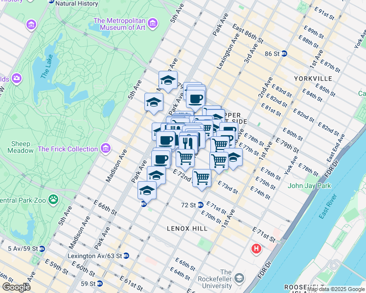 map of restaurants, bars, coffee shops, grocery stores, and more near 161 East 74th Street in New York