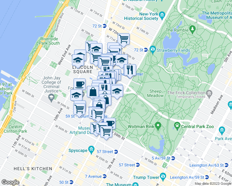 map of restaurants, bars, coffee shops, grocery stores, and more near 141 West 64th Street in New York