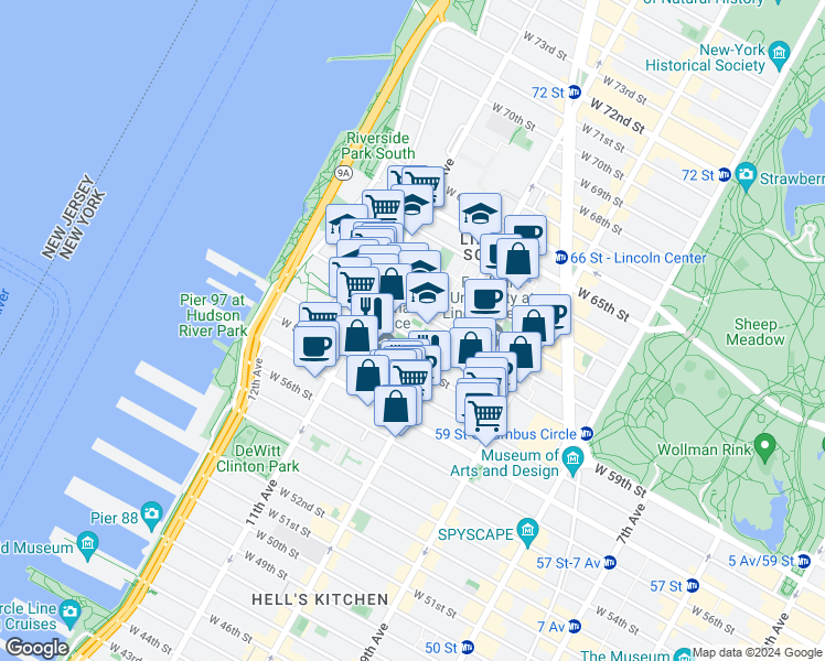 map of restaurants, bars, coffee shops, grocery stores, and more near 215 West 60th Street in New York