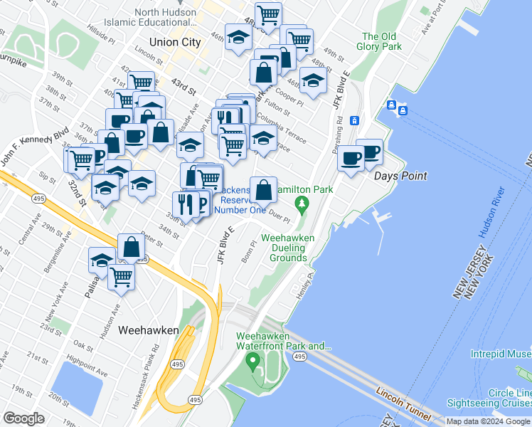 map of restaurants, bars, coffee shops, grocery stores, and more near in Weehawken Township