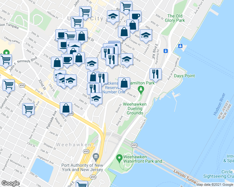 map of restaurants, bars, coffee shops, grocery stores, and more near in Weehawken Township