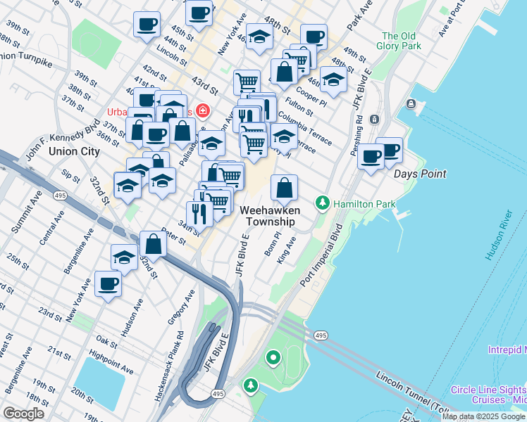 map of restaurants, bars, coffee shops, grocery stores, and more near in Weehawken Township