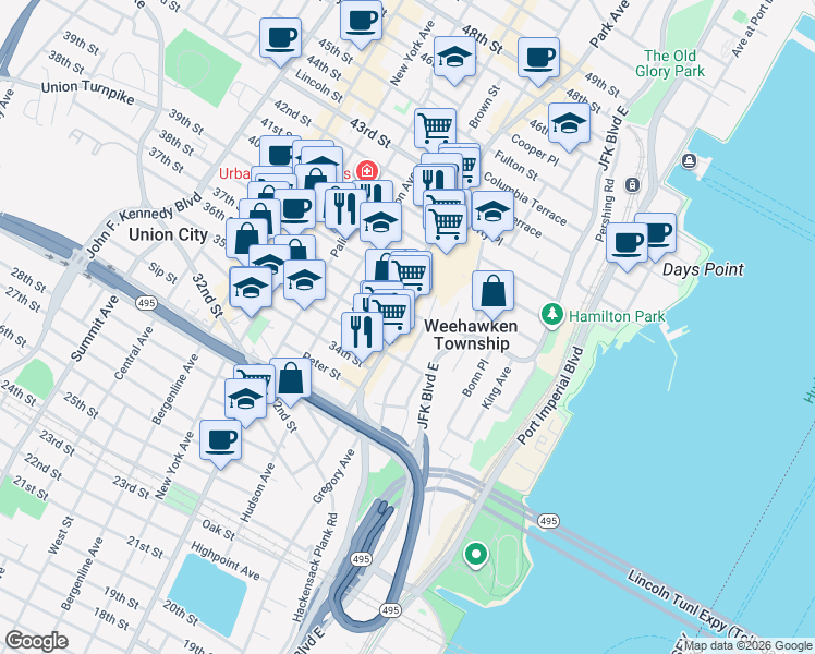 map of restaurants, bars, coffee shops, grocery stores, and more near 3516 Park Avenue in Weehawken