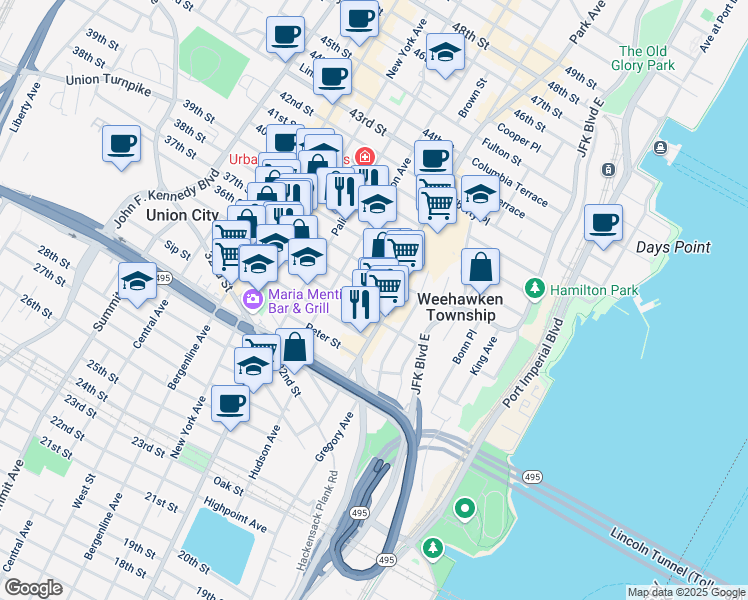 map of restaurants, bars, coffee shops, grocery stores, and more near 118 35th Street in Union City