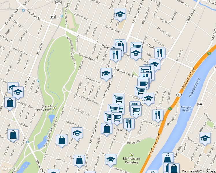 map of restaurants, bars, coffee shops, grocery stores, and more near 577 Mount Prospect Avenue in Newark