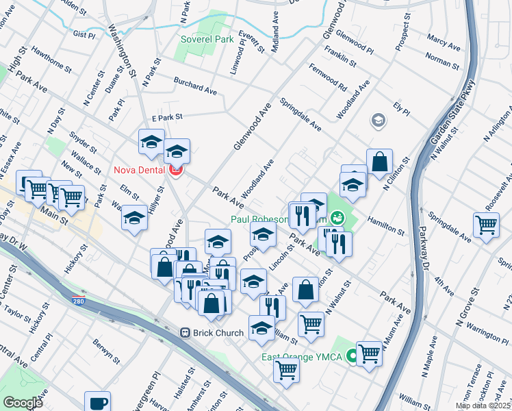 map of restaurants, bars, coffee shops, grocery stores, and more near 540 Park Avenue in East Orange