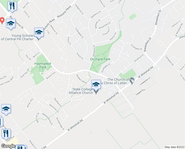 map of restaurants, bars, coffee shops, grocery stores, and more near 1805 Bayfield Court in State College