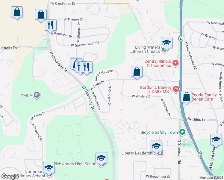 map of restaurants, bars, coffee shops, grocery stores, and more near 6911 North Kimberly Drive in Peoria