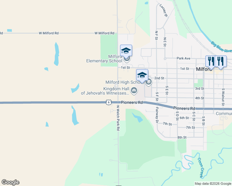 map of restaurants, bars, coffee shops, grocery stores, and more near 320 South Welch Park Road in Milford