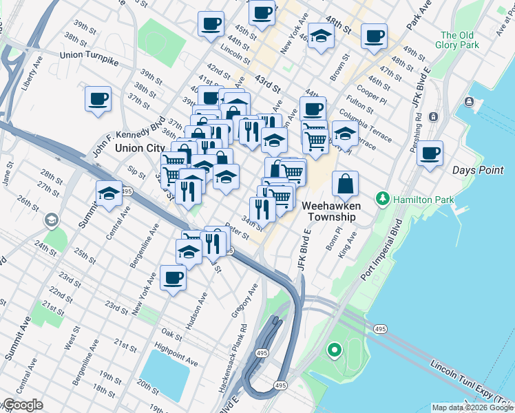 map of restaurants, bars, coffee shops, grocery stores, and more near 118 35th Street in Union City